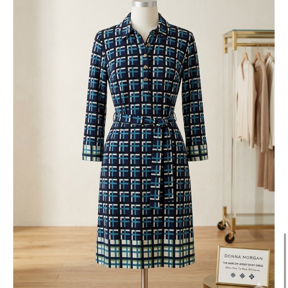 Donna Morgan Marlow Geometric Size Small Jersey Shirt Dress Navy Blue White